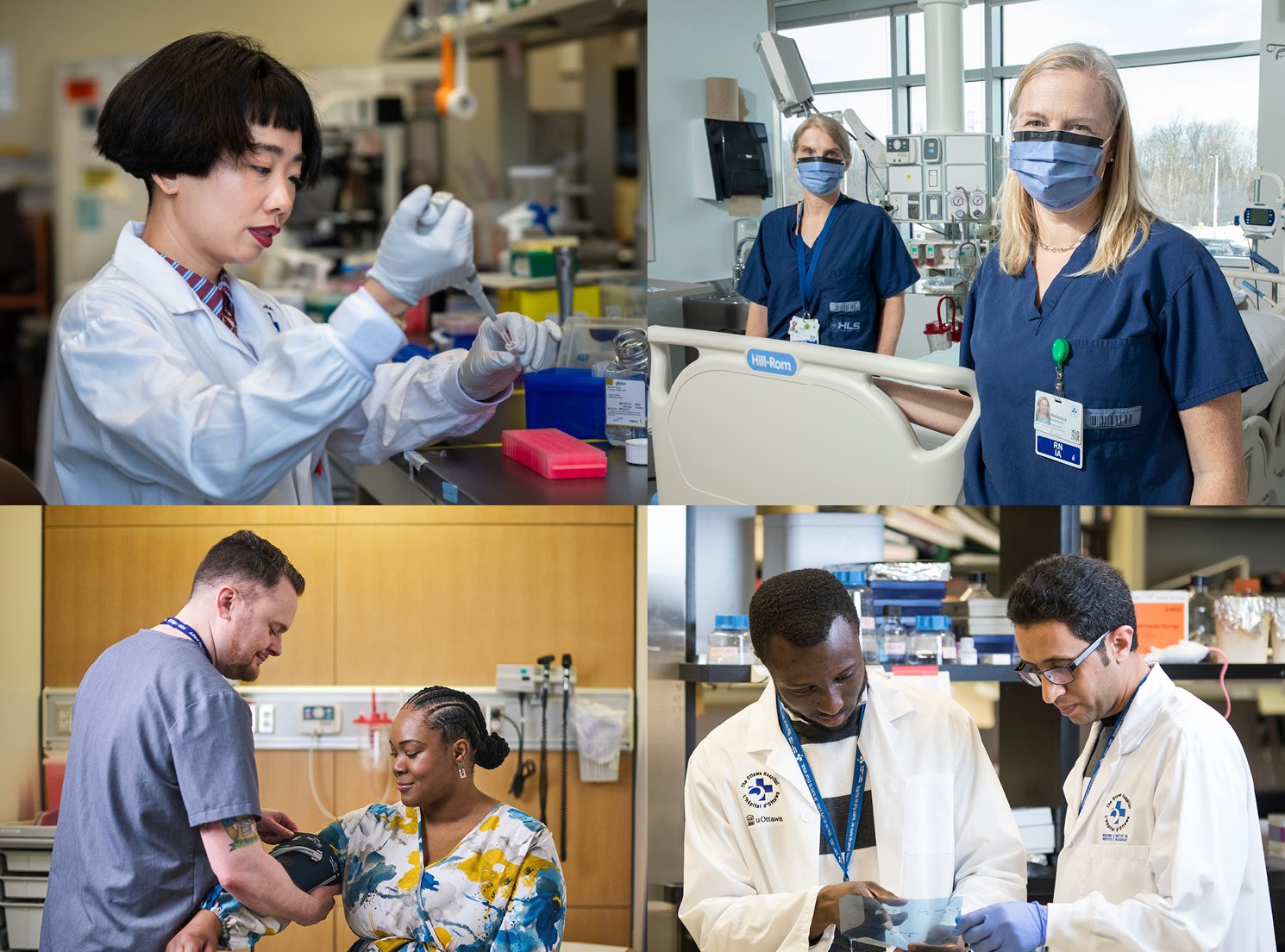 A panel of four photos showing people involved in laboratory and clinical research