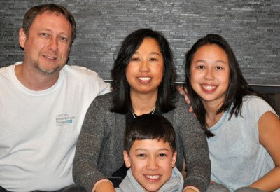 a family sitting on a couch together