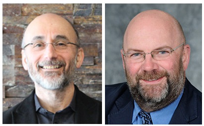 two headshots of people with beards and glasses