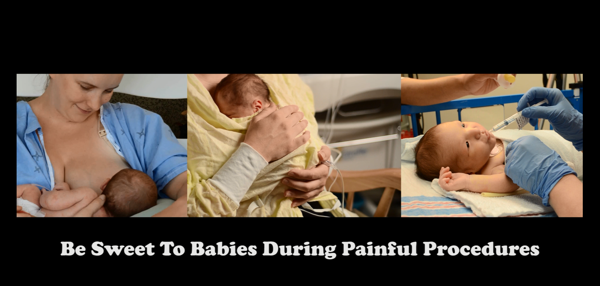 Mother breastfeeding an infant, person cuddling a newborn, medical personnel attending to a baby