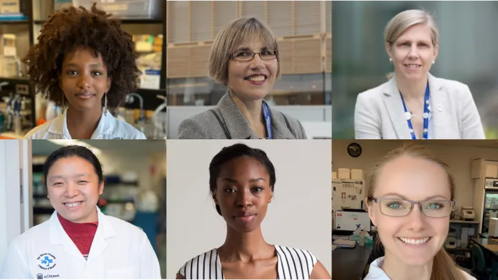 A collage of six women scientists, researchers, clinicians, and trainees