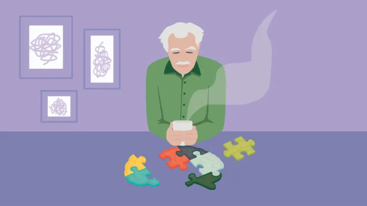 Graphic of older man with cup of tea and brain puzzle