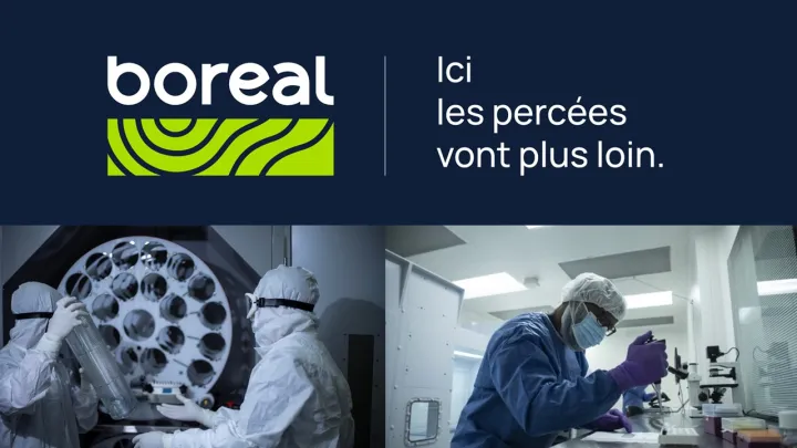 Logo pour "Boreal : Ici les percées vont plus loin" avec des images d'un laboratoire