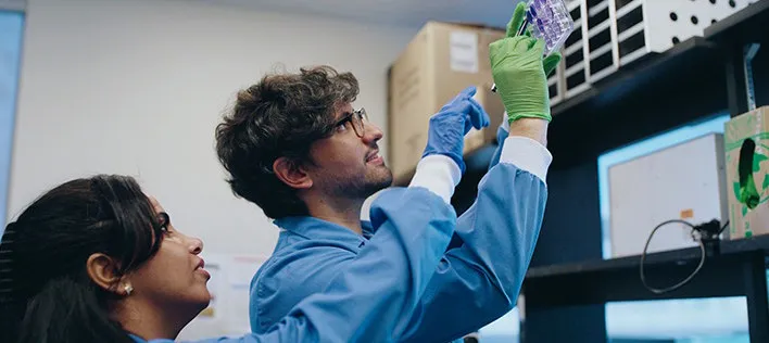 Two employees in a lab looking up at lab results together