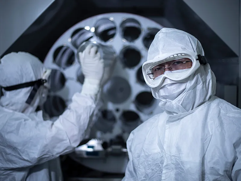 People working in a biotherapeutics manufacturing cleanroom