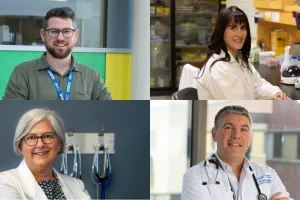 Four people smile at the camera in a grid collage