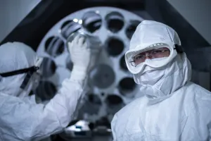 Two people wearing protective gear stand in front of a piece of lab equipment