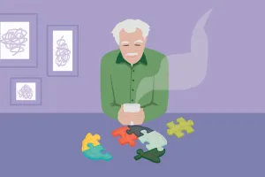 Graphic of older man with cup of tea and brain puzzle