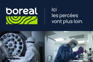 Logo pour "Boreal : Ici les percées vont plus loin" avec des images d'un laboratoire