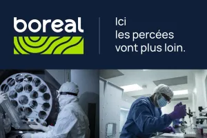 Logo pour "Boreal : Ici les percées vont plus loin" avec des images d'un laboratoire