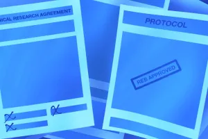Two blue stylized documents sit on top of scattered documents. On the left is a Clinical Trial Agreement and on the right is Protocol.