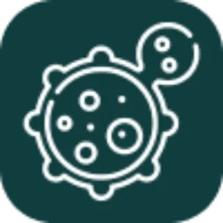 White outline icon of a stylized microbe or cell with circular details, set on a dark green background