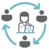 circular icon image of a researcher surrounded by 3 person icons to show participation of patients in research