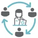 circular icon image of a researcher surrounded by 3 person icons to show participation of patients in research