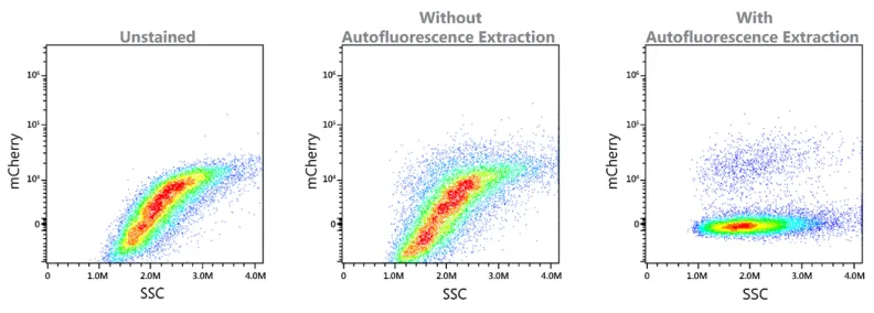 Image of three chart illustrating the difference in data clarity when using autofluorescence extration.