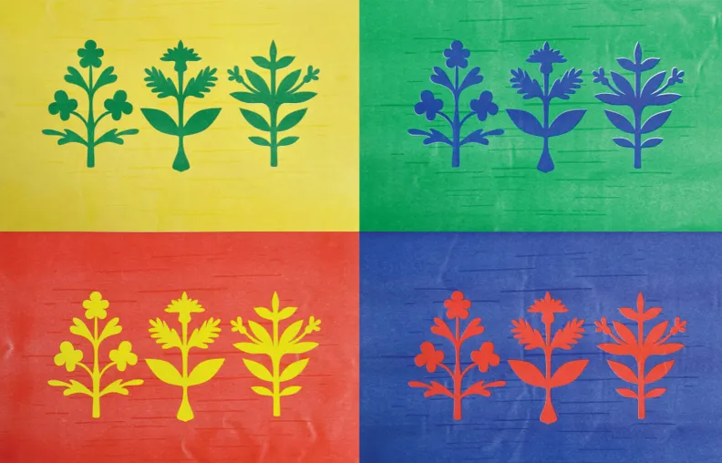 Artwork featuring the silhouettes of three plants that are repeated in four rectangles.  Each rectangle’s background colour represents one of the four seasons.
