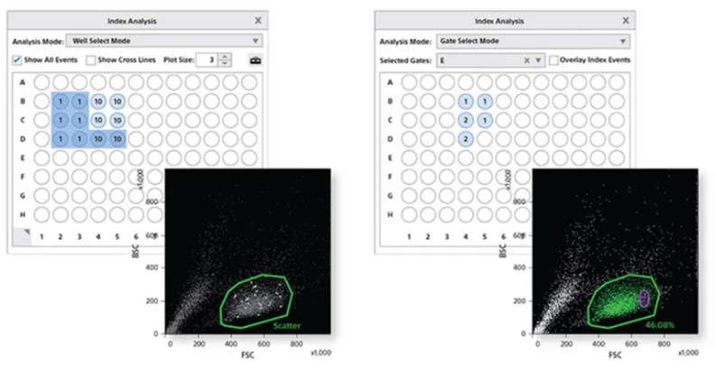 Sample graph showing scatter and fluorescence intensity of individual cells sorted in a well.