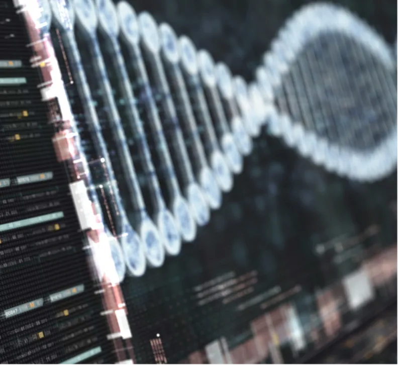 A image of a DNA helix and DNA gel on a screen