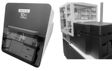 A composite image of spatial biology instruments called Visium CytAssist and Leica CellDIVE