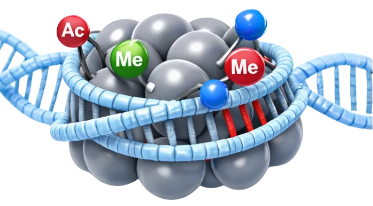 DNA winding around a modified histone complex (AI generated)